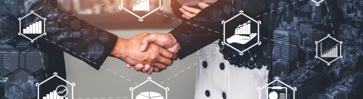 Business professionals shaking hands, icons of upward trending graphs, cityscape in the background